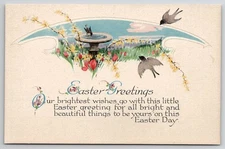 Easter Greetings Bird Bath Field of Flowers Postcard K32