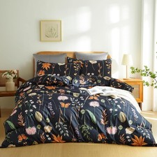 Floral Duvet Cover King Size Black Comforter Cover with Colorful Botanical Ye...