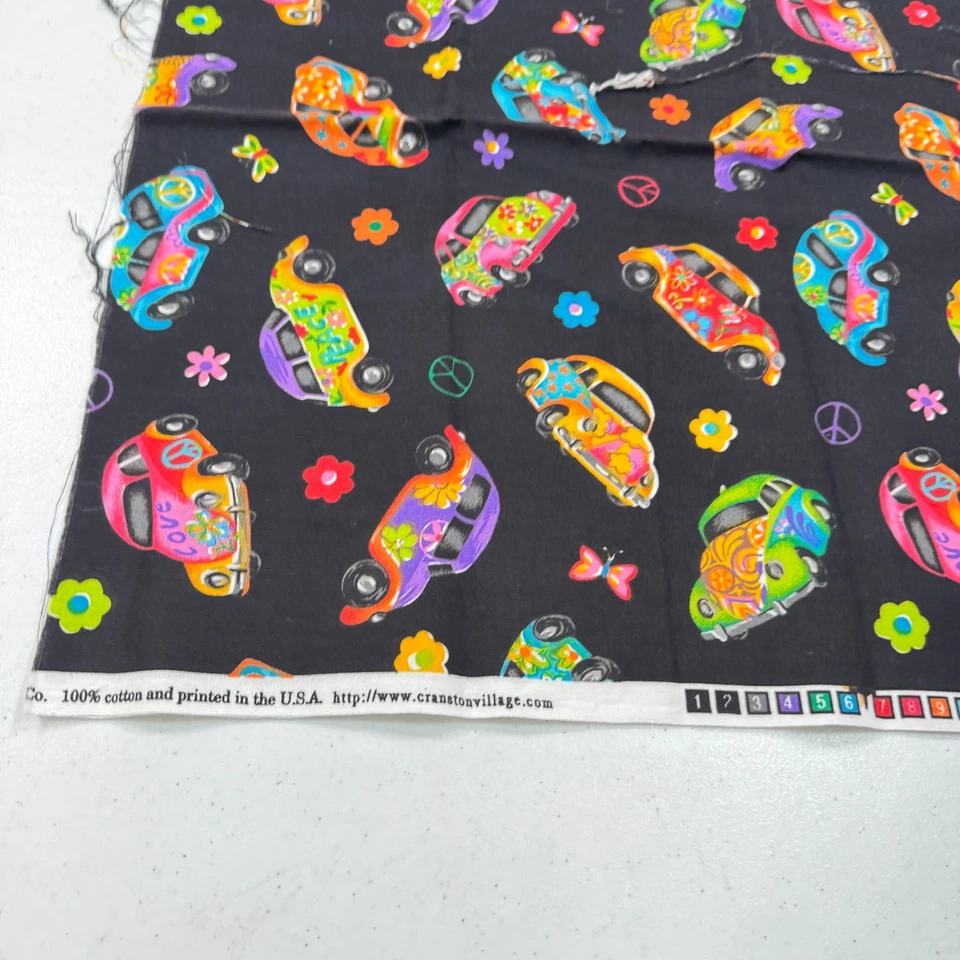 Cranston Fabric Retro VW Beetle Cars Peace Signs Flowers 60s Hippie 18x43 - Image 2 of 4