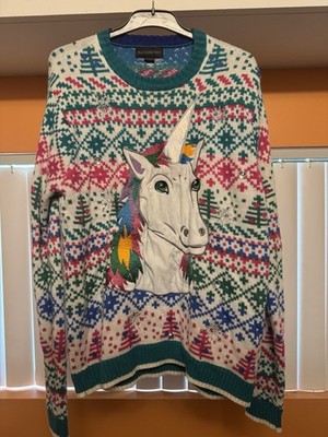 Blizzard Bay Men's Multicolor Fair Isle Christmas Unicorn Knit Crew Sweater M