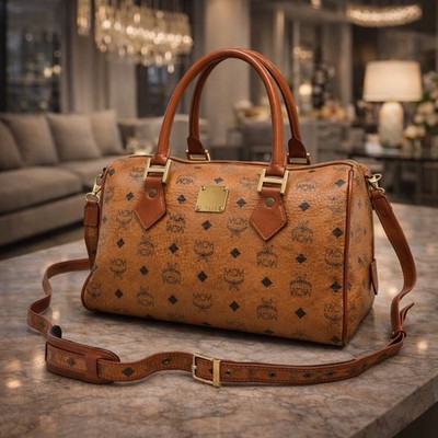 MCM Cognac Visetos Leather Tote Bag Gold Hardware Medium