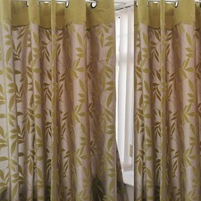 Dunelm Curtains Eyelet 90" x 90" Green Taupe Lined Floral Leaves Drapes Home