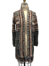 Boho Southwestern Fringe Cardigan Long Tribal Knit Sweater NWT M
