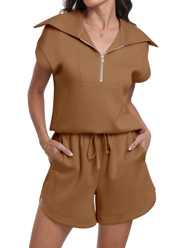 Two Piece Sets for Women Summer Half Zip Short Set Sweatsuit 2 Piece Outfits ...