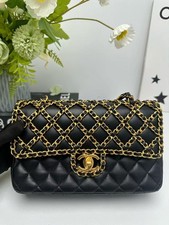 Auth Chanel Classic Flap Bag Black Lambskin Gold Chain Shoulder Crossbody Bag