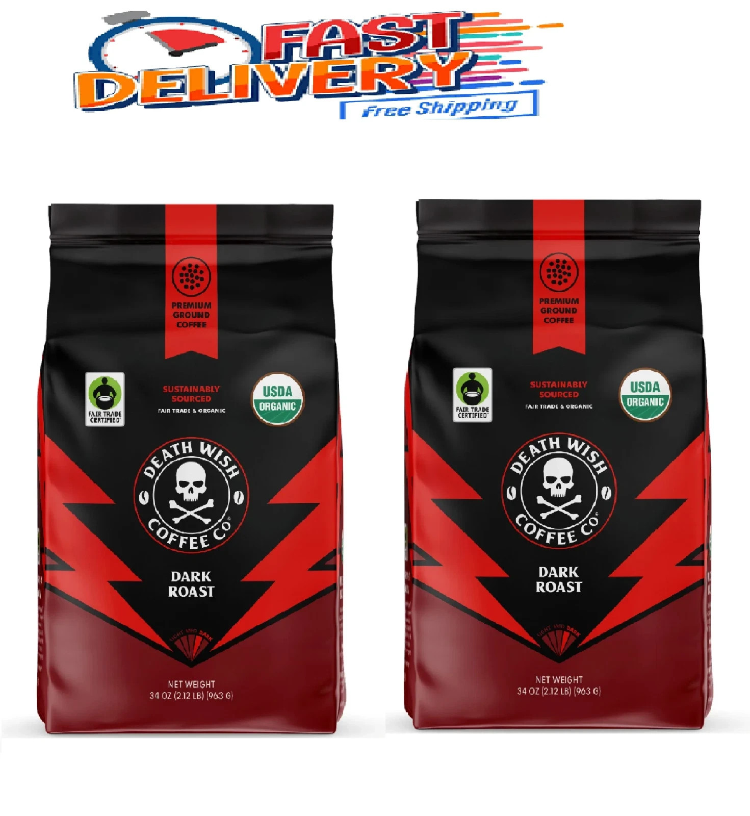 2 Packs - Death Wish Organic Dark Roast Ground Coffee, 34 oz. (68 oz total)