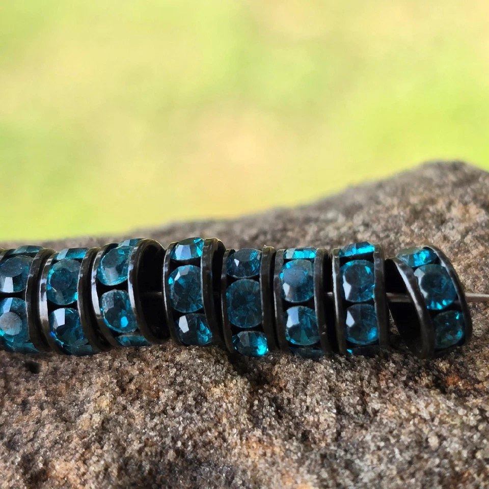 (10) Cuentas rondelle vintage de metal negro Swarovski diamantes de imitación azul aguamarina Foto 4 de 4