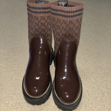 41 UK 8 River Island Knit Sock Monogram Brown Patent Women’s short Boots
