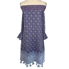 Cabana Life Medium Off The Shoulder Blue Purple Geo Print Tassel Dress Resort