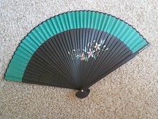 Vtg Silk  Wooden Hand Fan, Hand Painted Pink  Purple Flowers Wooden Arms