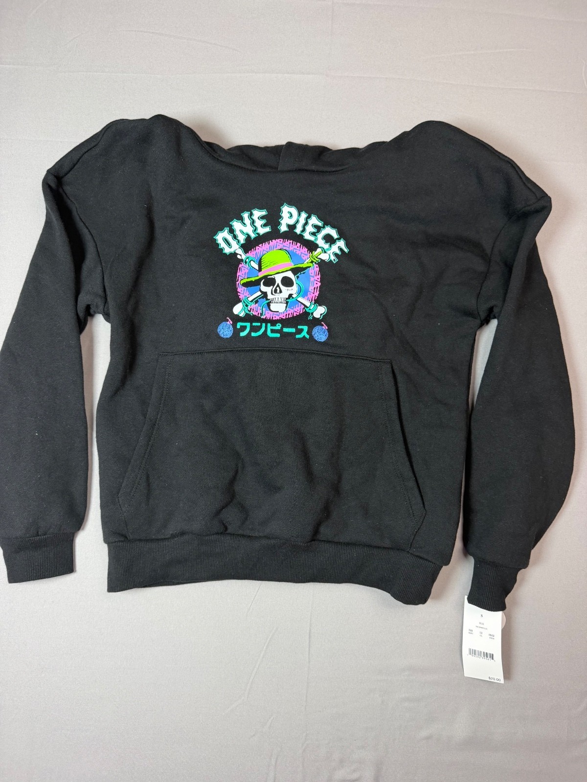 Sudadera con capucha negra con gráfico de calavera de neón One Piece para niños talla S
