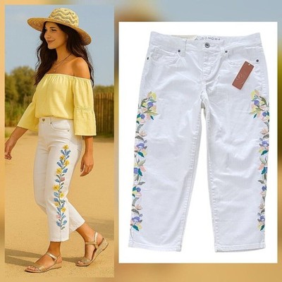 Embroidered Boho Crisp White Denim Cropped Jeans Modern Fit NEW NWT