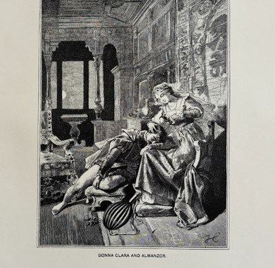 1902 Donna Clara And Almanzor Wood Engraving Heine Antique Art Poem DWP8D