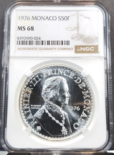 1976 MONACO SILVER 50 FRANCS RAINIER III ANNIVERSARY NGC MS 68 RARE HIGH GRADE