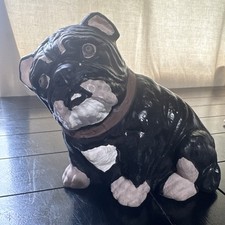 Hand Painted Ceramic Bulldog Statue Black Dog White Spots Brown Collar