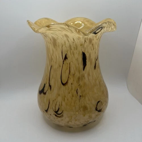 VTG Murano Art Glass Vase Gold Sparkle White Beige Brown Black 7” MCM Decor