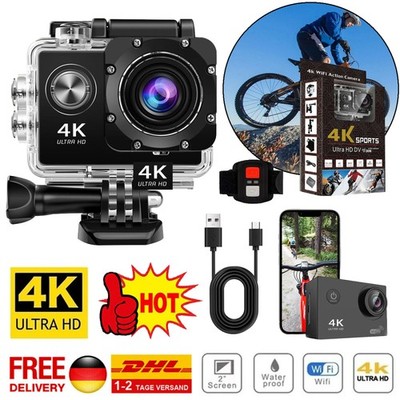 4K-Actionkamera, 20 MP WiFi, wasserdichte Sportkamera mit Fernbedienung Schwarz