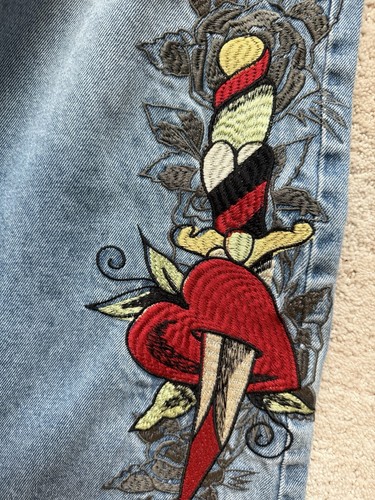 Ed Hardy Heart Dagger Love Wide Leg Loose Fit Retro Light Jeans Size 30 NWT - Picture 6 of 14