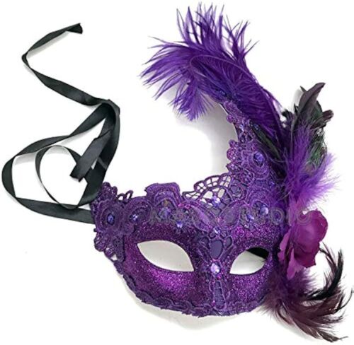 Purple Masquerade Lace Mask Pair Feather Birthday Mardi Gras Carnival Party - Picture 2 of 3