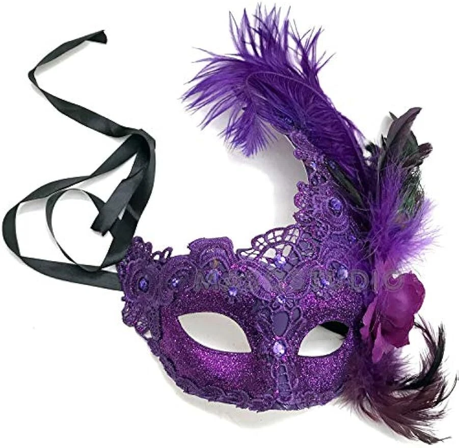 Purple Masquerade Lace Mask Pair Feather Birthday Mardi Gras Carnival Party - Image 2 of 3