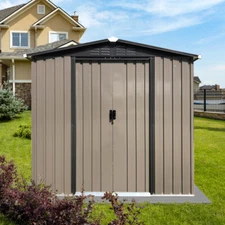 6x4 FT Outdoor Metal Storage Shed w/Sturdy Frame & Sliding Door Brown Tool House