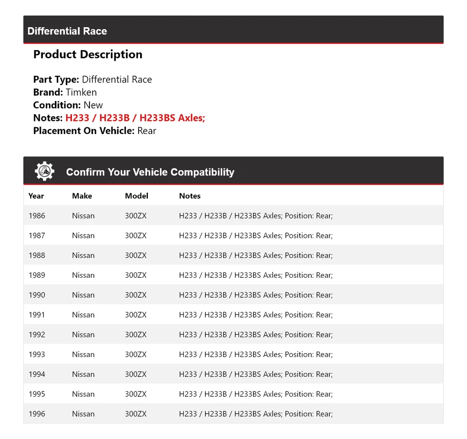 For 1986-1996 Nissan 300ZX Differential Race Rear Timken 1987 1988 1989 1990 - Image 2 of 4