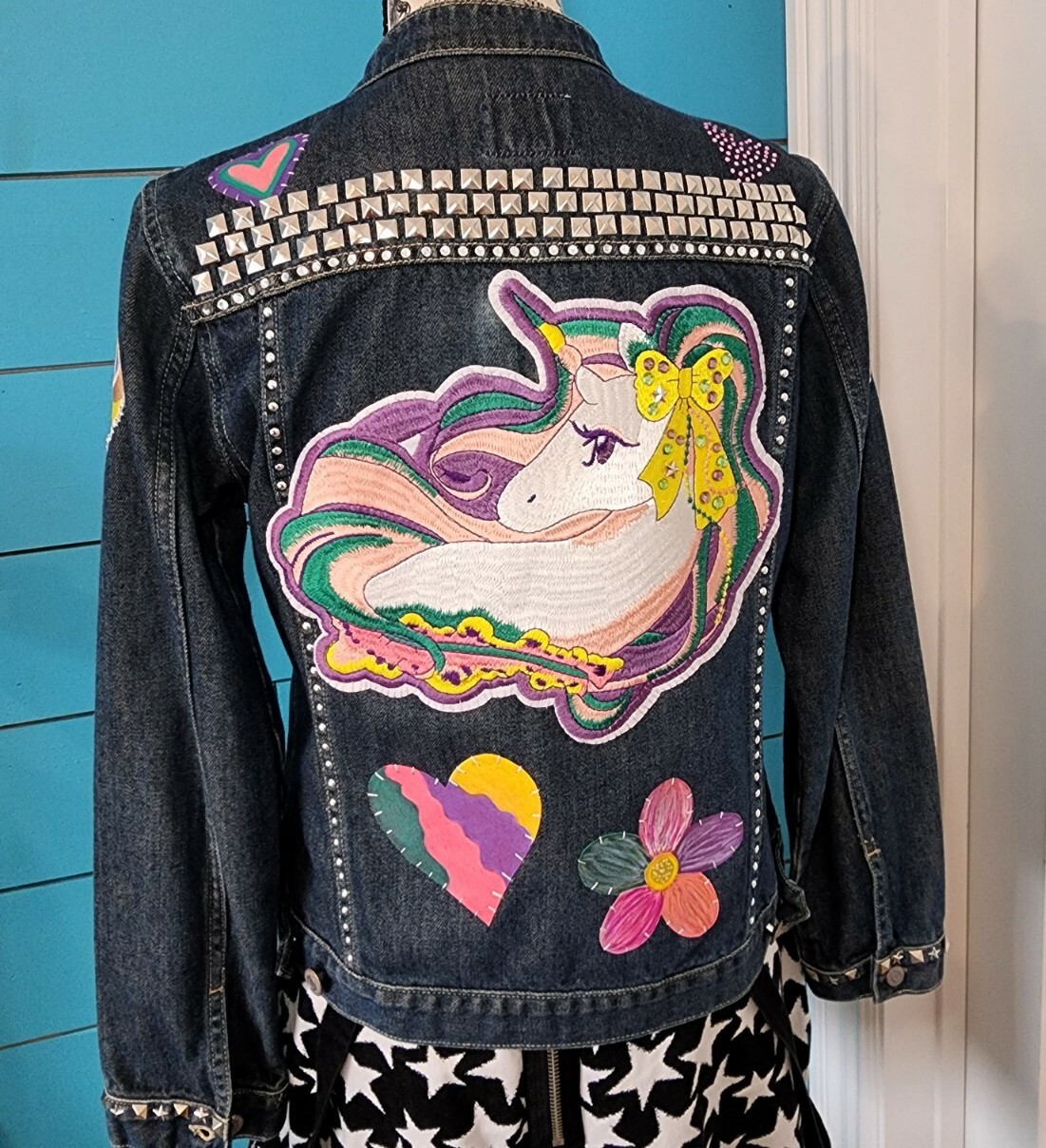 OOAK Unicorn Madness Patch Jean Jacket Studs Beda… - image 3