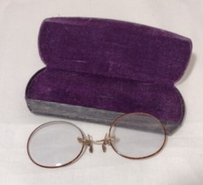 Antique Pince Nez Spring Nose Eyeglasses  Case Oval Tortoise Wire Theater Movie