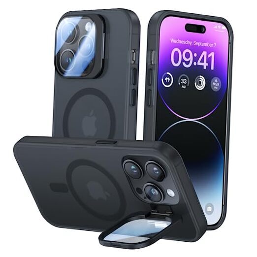 Metal Camera Stand Case for iPhone 14 Pro in Black with Built-in 9H Camera Lens Protection