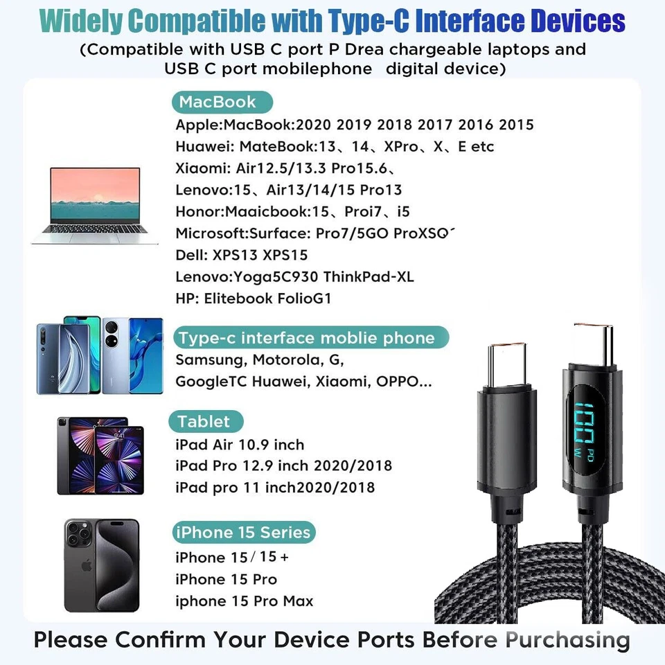 100W 6.5FT PD USB C To USB C Cable Fast Charging Cord LED Display Type C Charger - Image 3 of 4