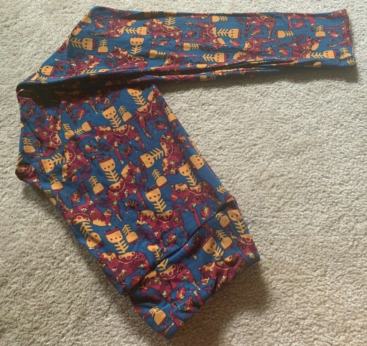 ALTRA LULAROE TAGLIA UNICA OS LEGGINGS BLU DIPINTO LEGNO RUSSO KHOKHLOMA CAVALLO