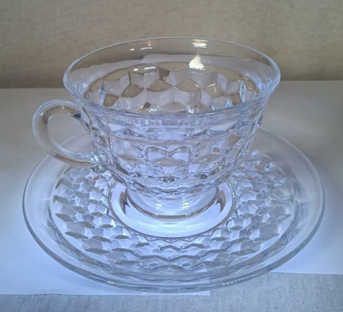 Vintage Fostoria American Clear Cube Tea Cup and Saucer Set of 2