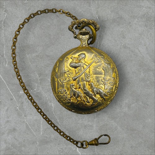 Andre Rivalle 17 Jewels Pocket Watch Fox Hunting Gold Tone w/ Fob Chain Videođź‘€ - Picture 3 of 16