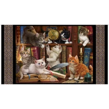 Cat Library Fabric 24"X44" Panel Literary Kittens Cats Books Cotton by QT