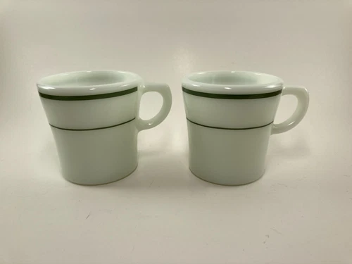 2 Vintage PYREX Corning Tableware Green Stripe Coffee Mug Cup Milk Glass 709