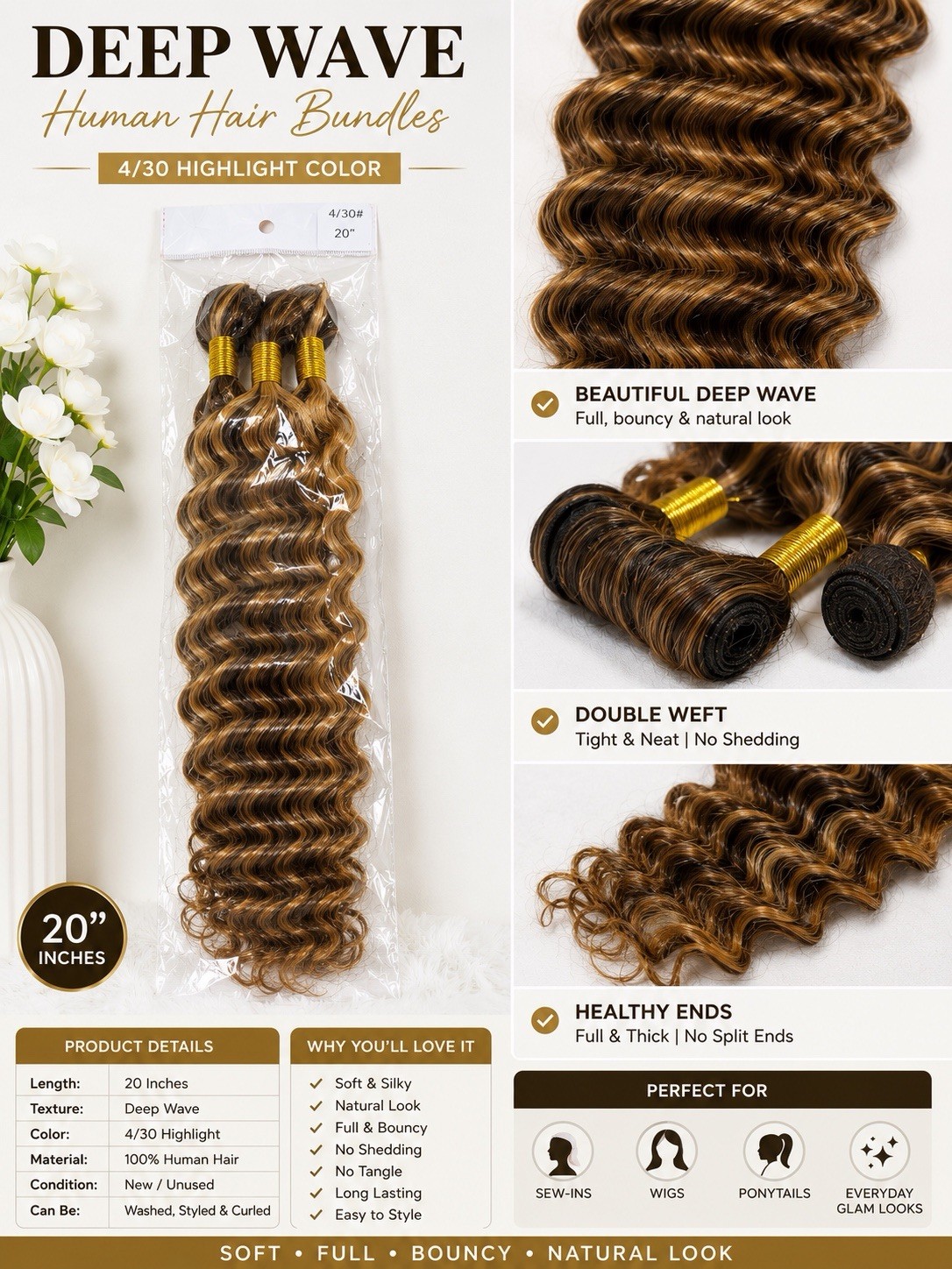 Deep Wave Human Hair Extension 20in Double Weft Weft 4/30 Hi