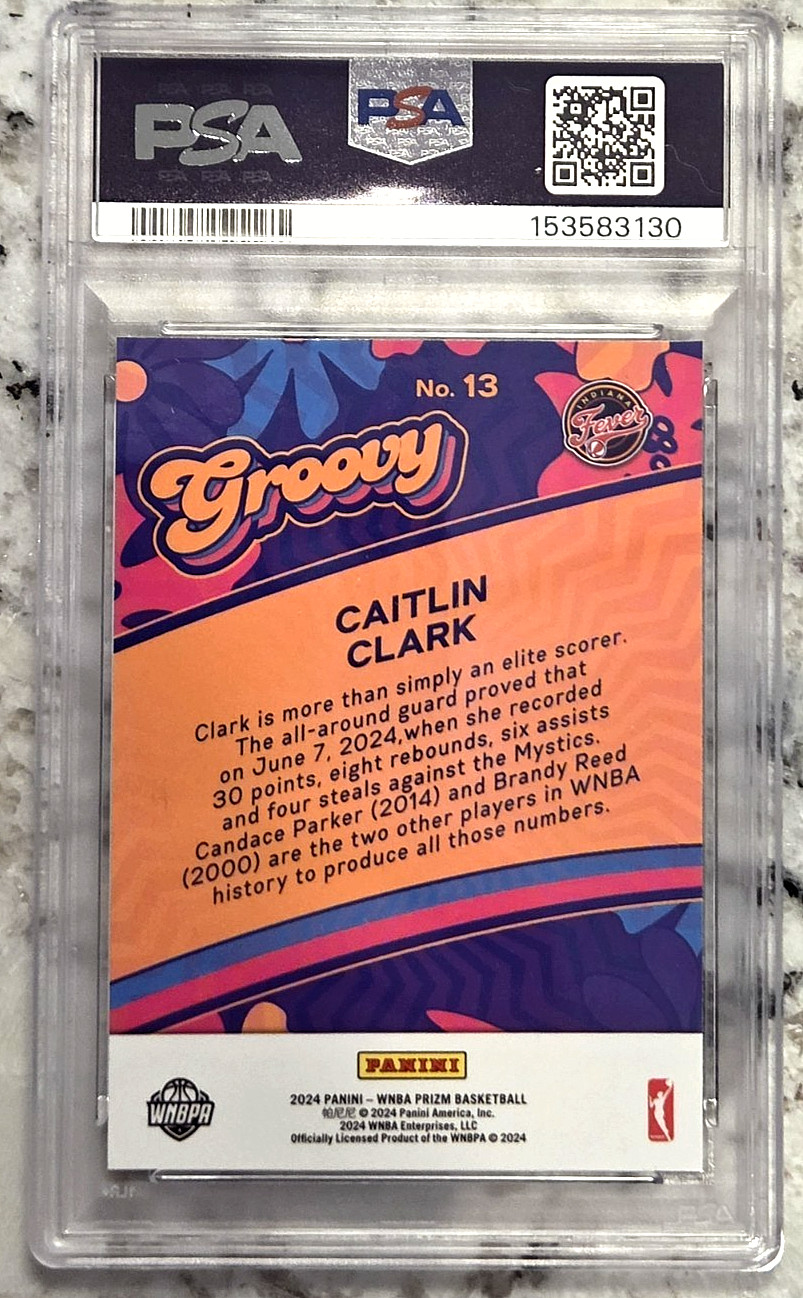 CAITLIN CLARK 2024 Panini Prizm WNBA {GROOVY #13} Rookie RC; *PSA 9 MINT* view 3