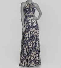 Betsy & Adam Womens Blue Metallic Floral Halter Sleeveless Gown Dress Size 2