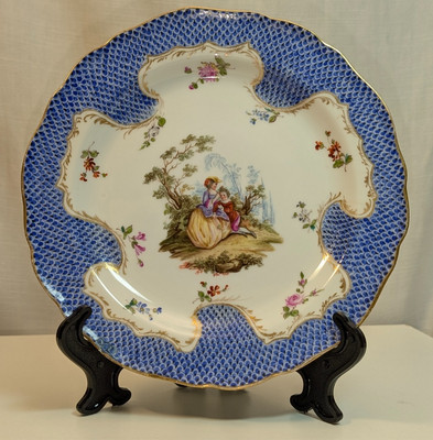 Antique Meissen Watteau Plate, ~8'', Blue Fish Scale Pattern, Gold, 2nd Quality