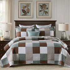 Finlonte Quilt King Size 100 Cotton Brown Green White Plaid Farmhouse 3-Piece