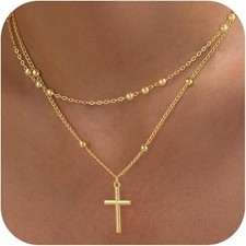 Cross Necklace for Women Dainty 14K Real Silver Gold Plated Layered Cross Pendan