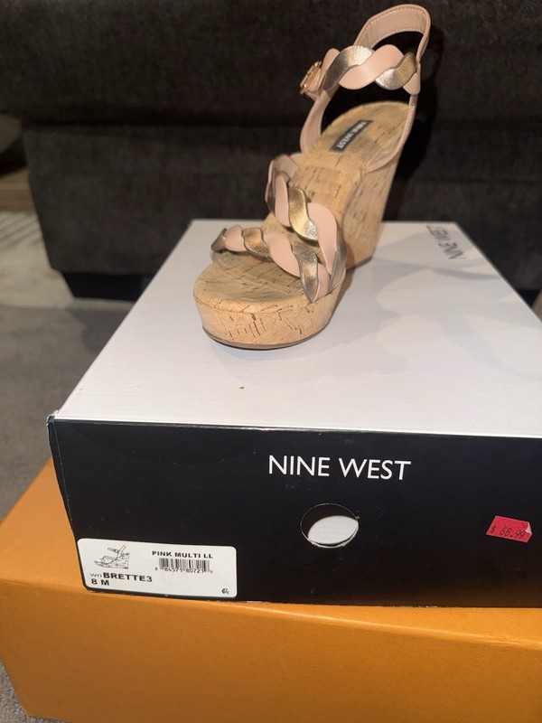Nine West Womens Pink/Gold Leather Cork Wedge Sandals Ankle Strap 8M