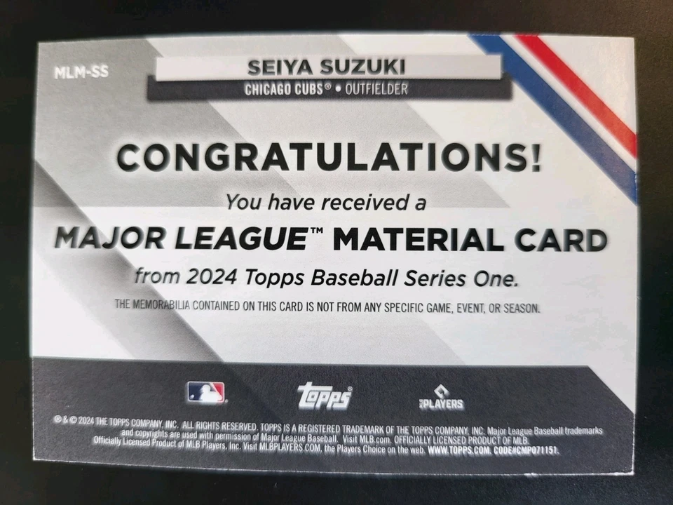 2024 Topps Seiya Suzuki RC GAME USED BAT  Card #mlm-ss Cubs - Image 2 of 2
