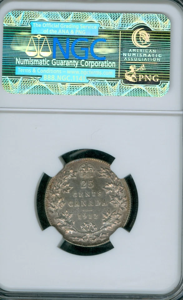 1912 CANADA 25 CENTS NGC AU55 DETAILS MAC 8 PERL 1ST STRIKE * - Image 2 of 2