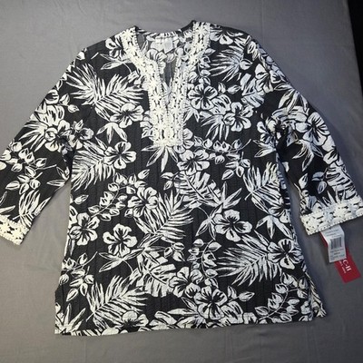 Cathy Daniels Women's 3/4 Sleeve Top Black & White Floral Print NWT