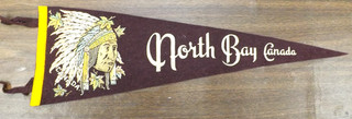 VINTAGE 1950s NORTH BAY CANADA PENNANT BANNER FLAG 23" INDIAN CHIEF HEAD