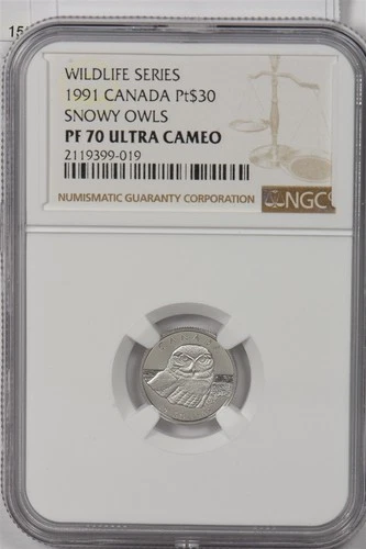 Canada 1991 $30 platinum NGC Proof 70UC Snowy owl. 0.1oz platinum. Wildlife seri