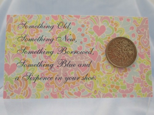 Sixpence Enclosure Card for Bride Authentic English Coin Pastel Hearts Keepsake