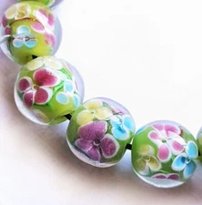 4 Lampwork Glass Round Beads Green Floral 12mm 4 beads (#a88gn)