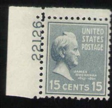 US. 820. 15c. James Buchanan, Presidential. Single Pl# 22126 UL. MNH. 1938